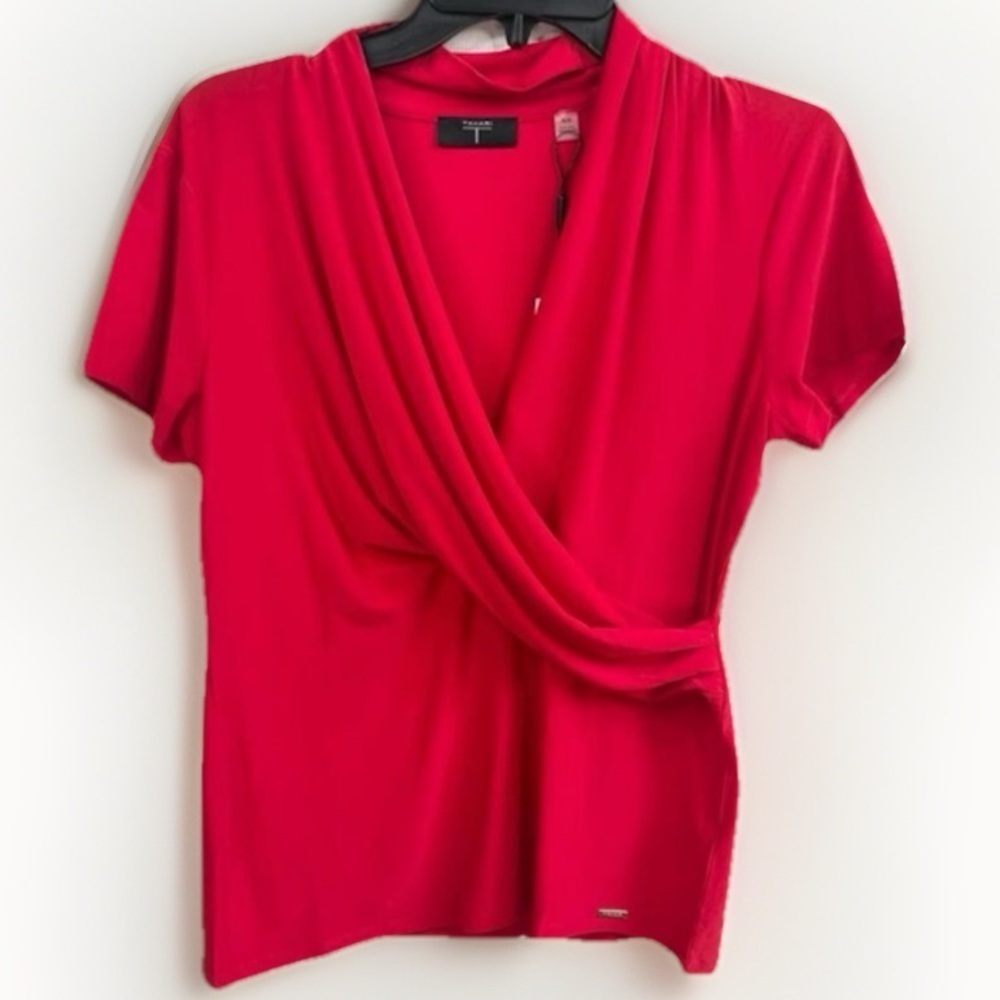 T TAHARI Blouse Size S Red Draped V Neck Short Sleeve Jersey Knit Faux Wrap Top